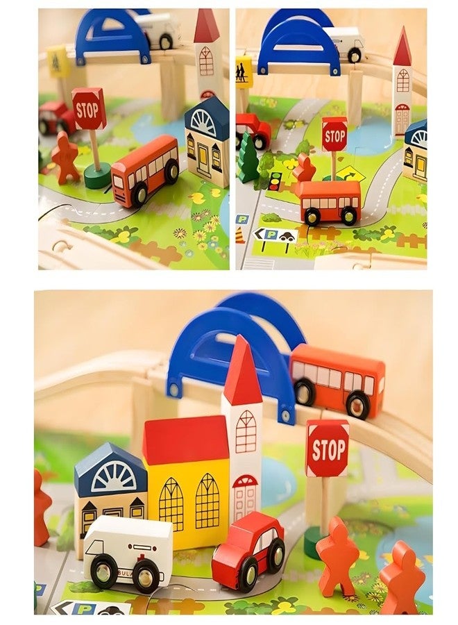 Busy Brain Wooden Rail Over Pass Set, 40 Piece City Building Blocks with Overpass Track, Vehicles, Buildings, Educational STEM Toy for Ages 3+ - Image 3